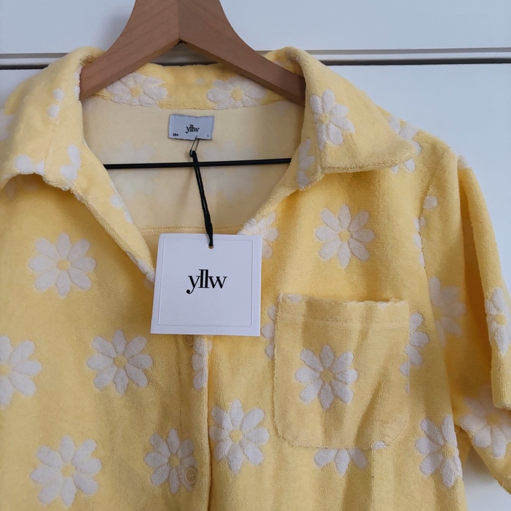 Yellow Floral Terry Knit Button-Up Shirt